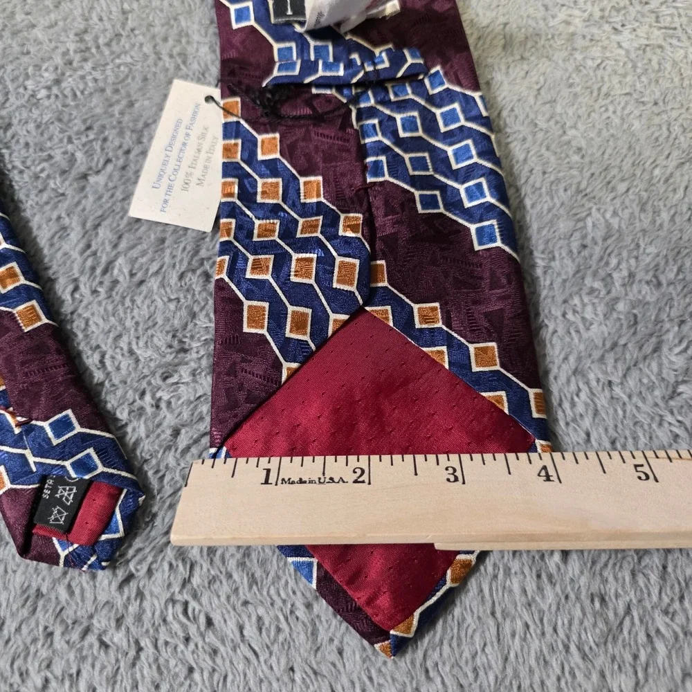 Talyari Mens OS Necktie Burgundy Blue‎ Gold Geometric Diamond 100% Italian Silk